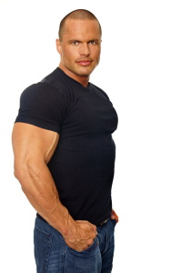 Portrait of big muscular man in black shirt
